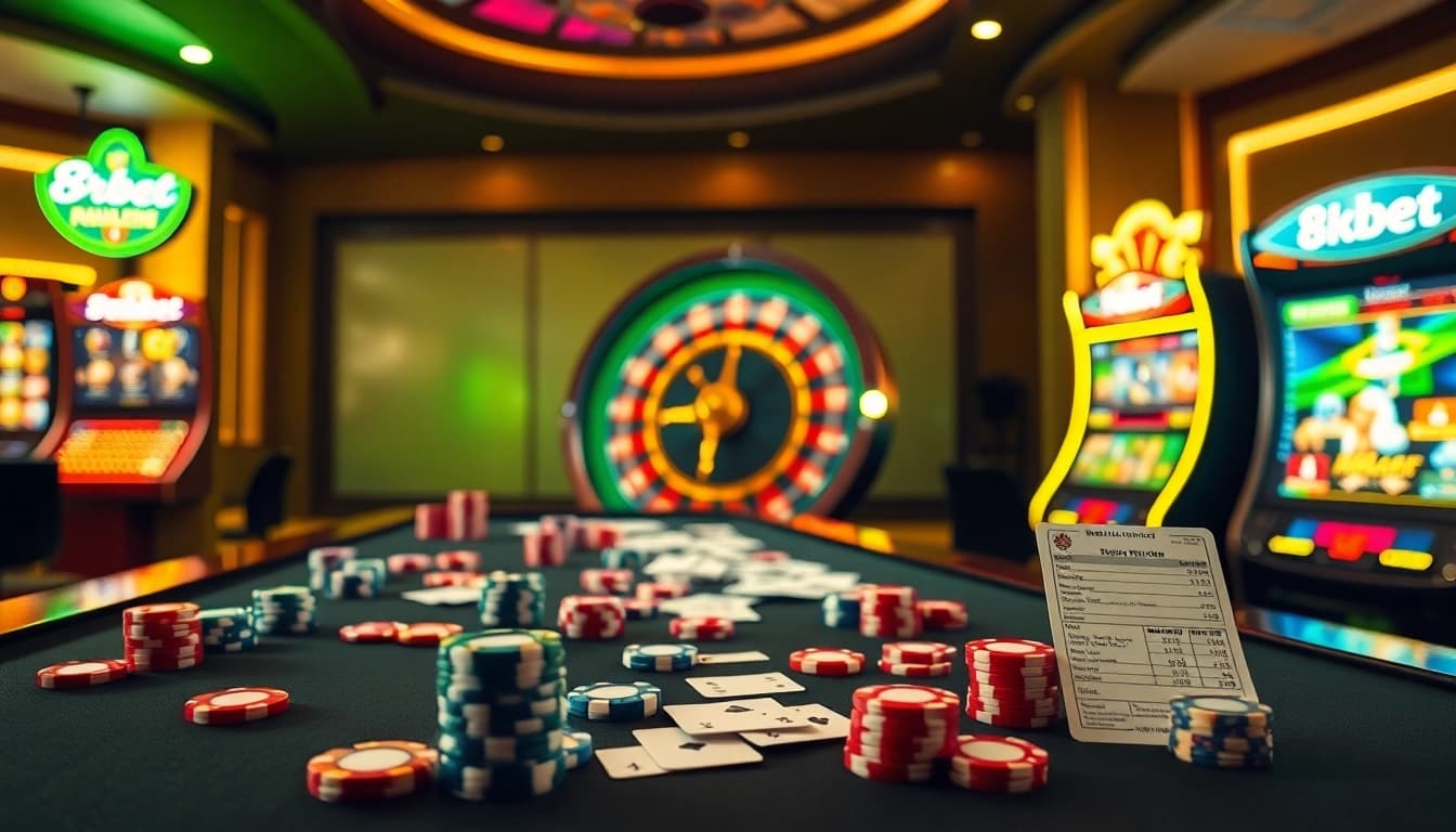 Experience thrilling gambling at 8kbet with a vibrant casino scene filled with poker chips and roulette.