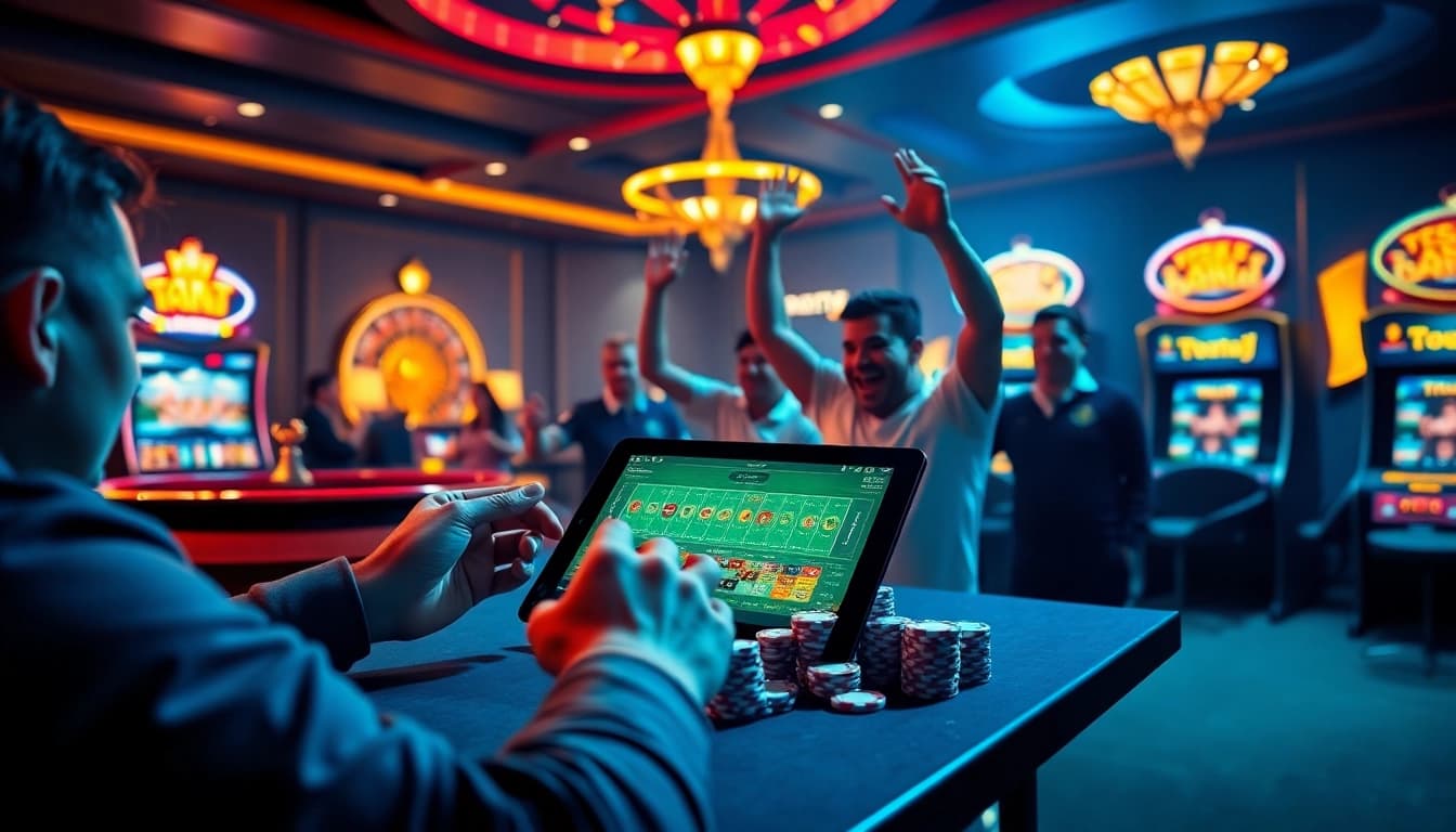 Excited players engaging with ta88 bóng đá betting screens in a luxurious casino setting.