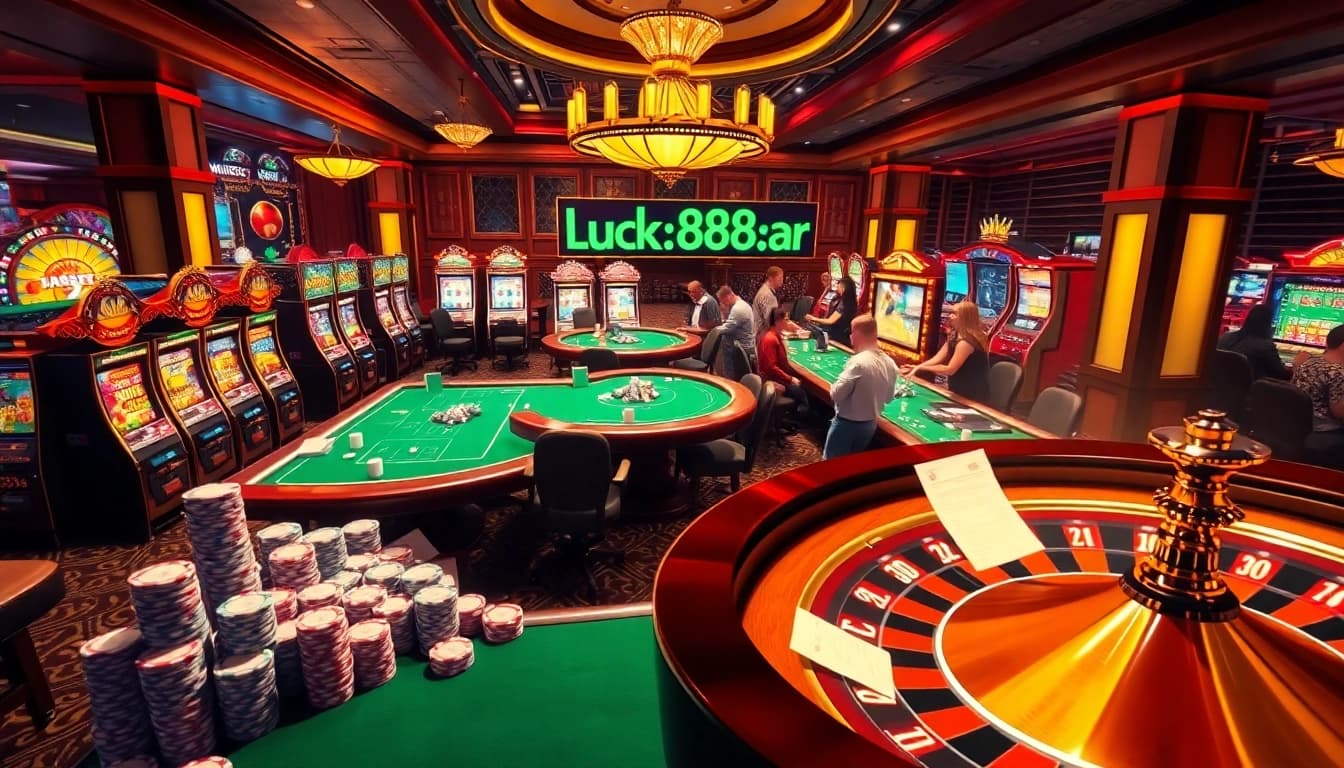 Experience high-stakes gaming action at https://luck88.bar/, showcasing vibrant casino tables, slot machines, and excited players.