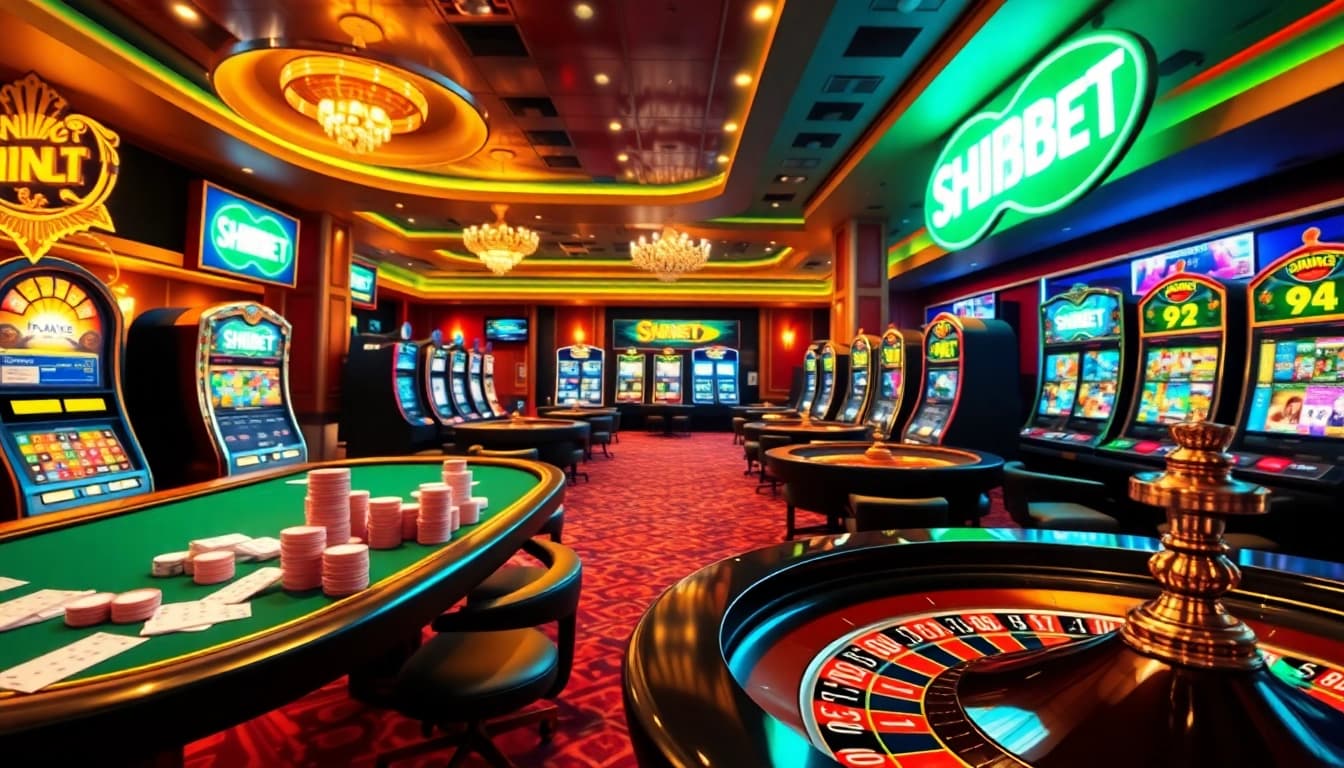 SHBET showcases an elegant online casino scene with vibrant tables and thrilling games.