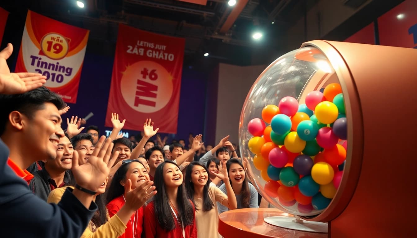 Excited crowd watching a lottery drawing, celebrating Song thủ lô.