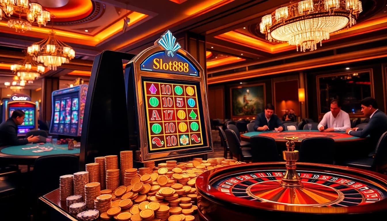 Experience the thrill of slot888 at a vibrant casino filled with colorful slot machines and players.