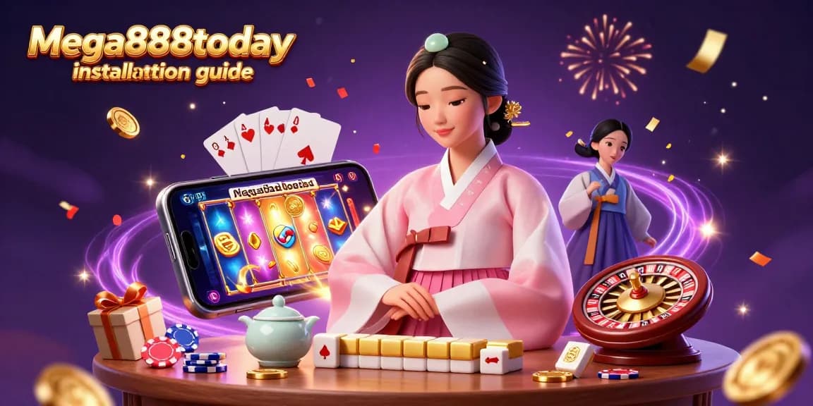 Mega888today installation guide showcases a serene Asian woman in a colorful casino scene with slot games and festive elements.