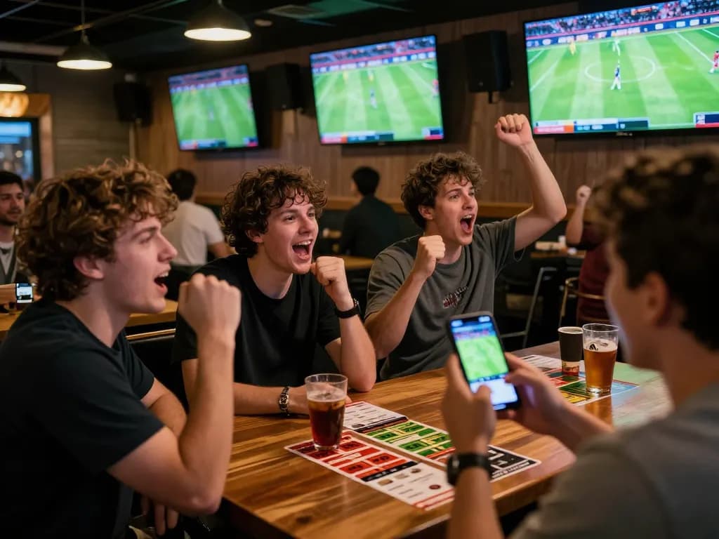 Fans passionately engaging in sports betting on nddo during a live match at a lively bar.