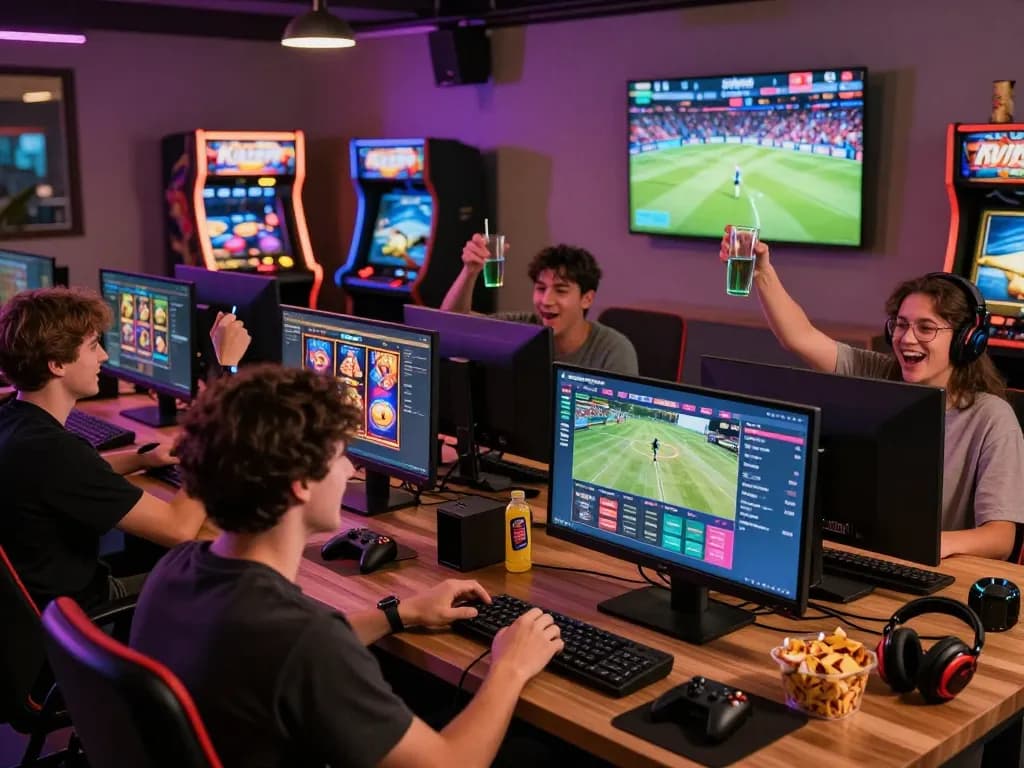 Kwin online gaming platform engagement scene with friends celebrating wins and showcasing vibrant game interfaces.