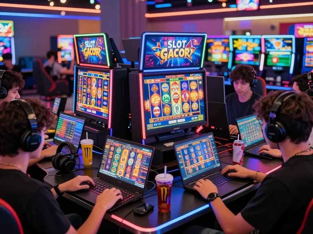 Exciting SLOT GACOR gaming scene with players in vibrant virtual casino atmosphere.