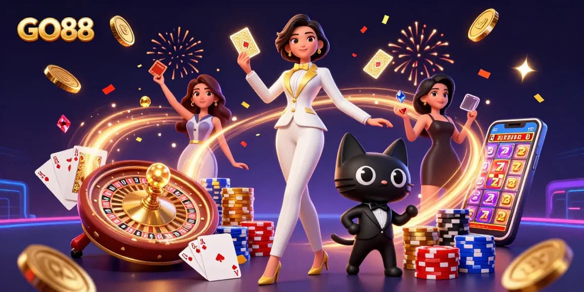 Experience the GO88 excitement with glamorous card dealers and stunning casino elements in vibrant 3D.
