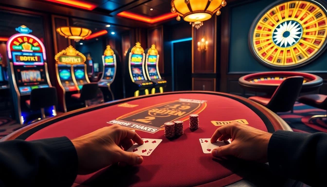 Experience the thrill of gambling at the BDTK1 poker table with vibrant chips and cards.