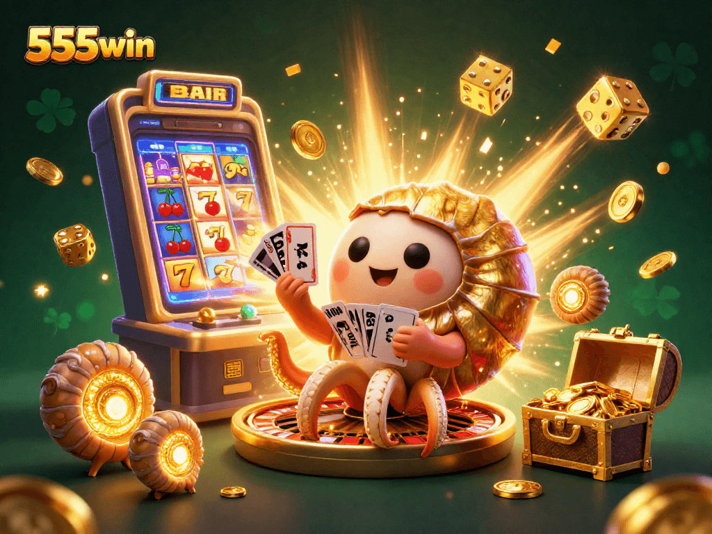 Experience thrilling wins with 555win in this vibrant, immersive 3D casino illustration.