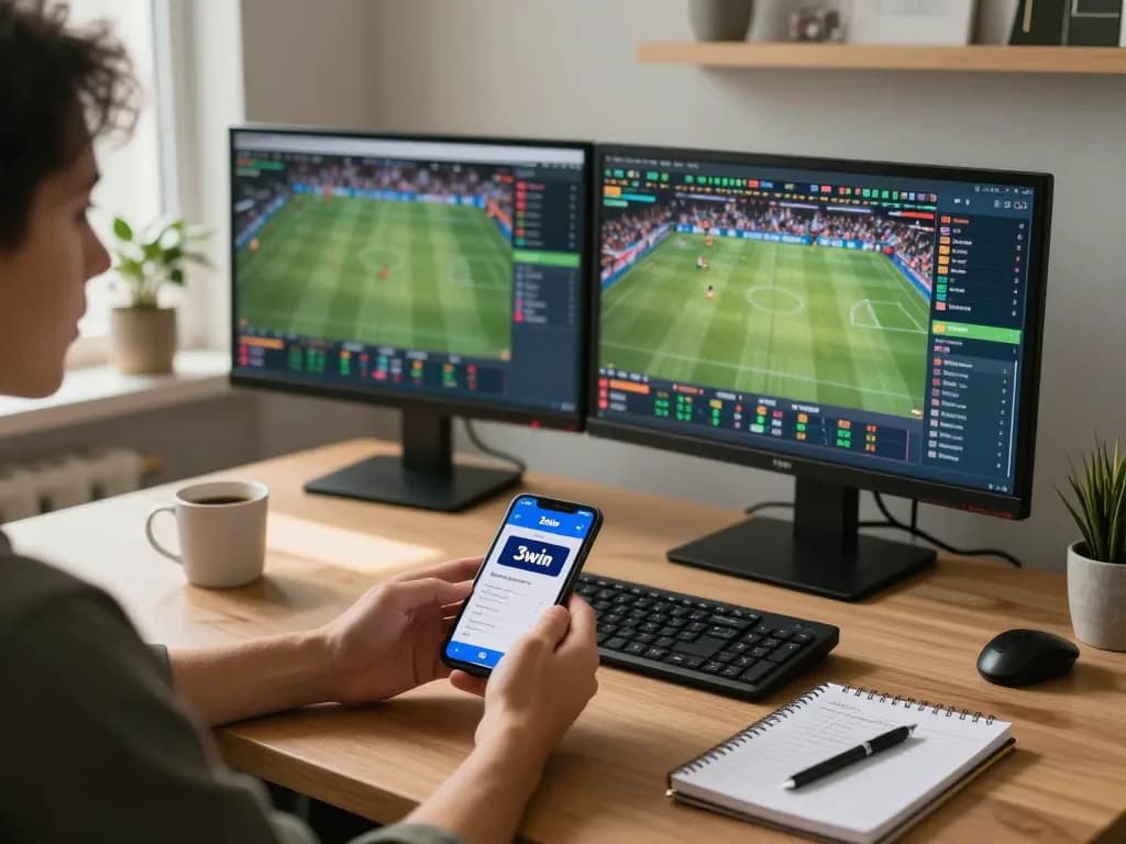 Person placing bets on the 3win sports betting app in a cozy home office environment