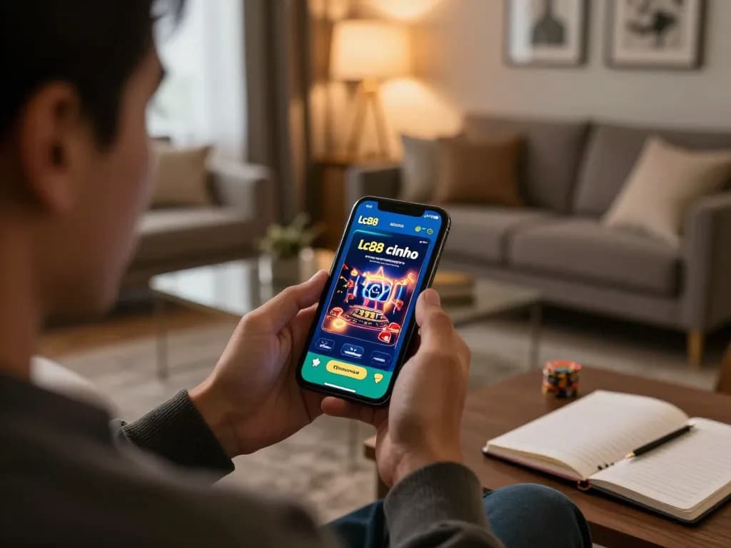 Player enjoying the Lc88 chính thức mobile app for online casino gaming in a cozy living room.