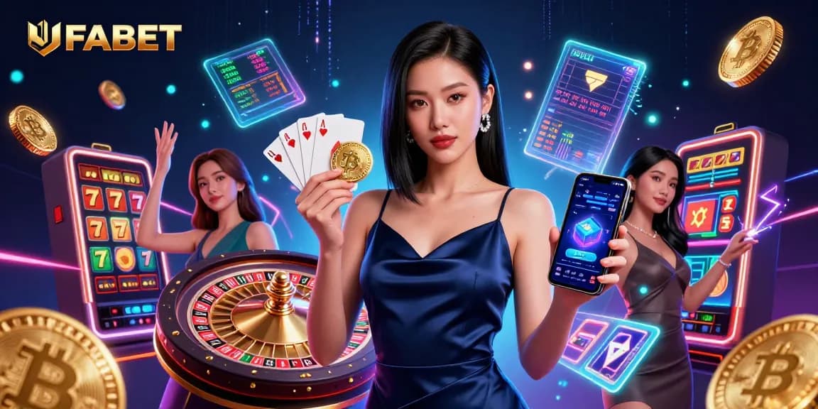 Spin the reels at UFABET featuring an elegant Asian woman ready to win with her smartphone and casino chip.