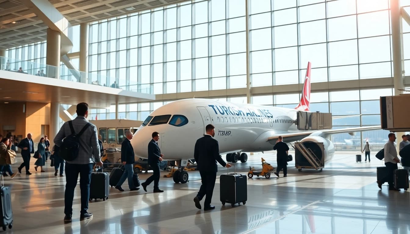 TK88 flight being prepared at a modern airport terminal with bustling travelers.