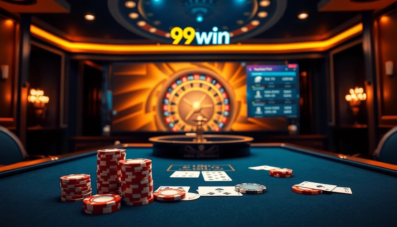 Engaging casino scene featuring 99win poker chips and a roulette wheel illuminated in luxury.