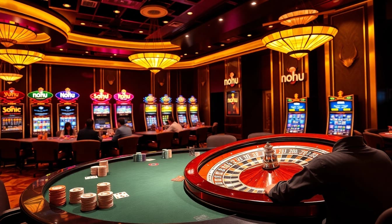 NoHu casino scene featuring poker players, roulette wheel, and colorful chips in an elegant setting.