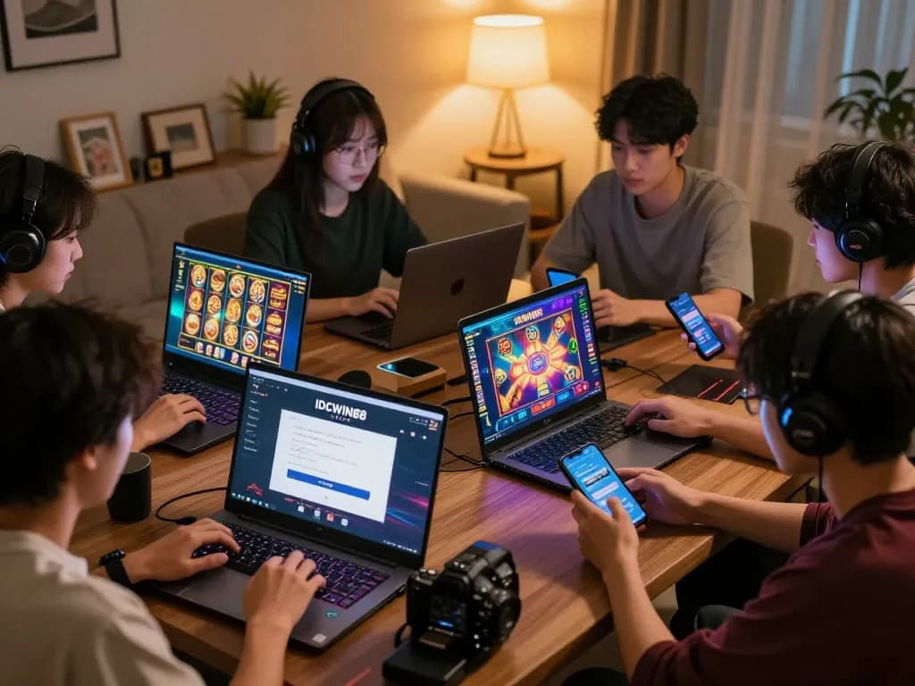 Engaging players accessing IDCWIN88 Login on laptops during a social gaming session.