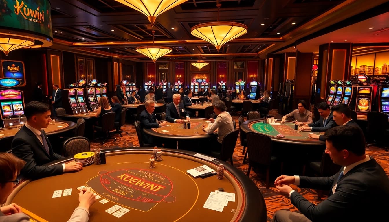 Experience the thrill of kuwin casino with vibrant gaming tables and excited players.