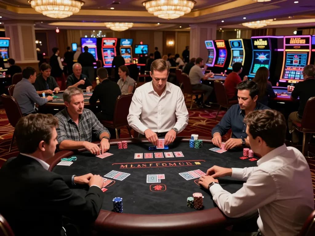 Players engaging in intense blackjack strategy at a vibrant Las Vegas casino table featuring F168 ambiance.