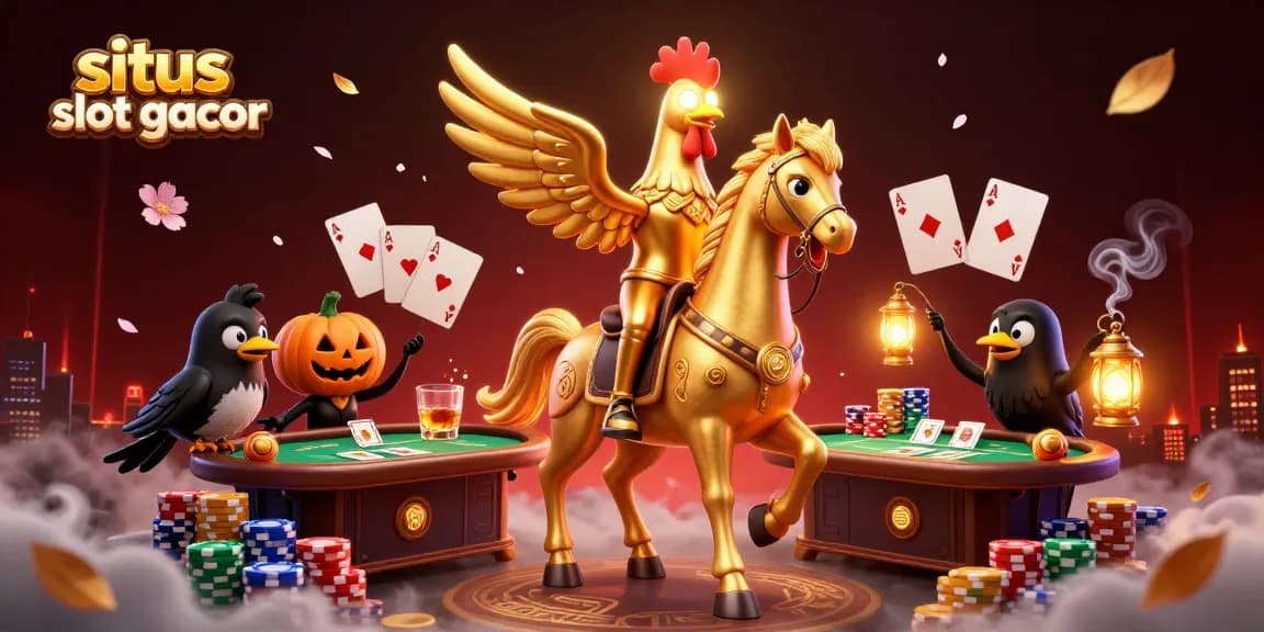 Situs slot gacor showcases a golden rooster and spectral horse in a vibrant casino scene.