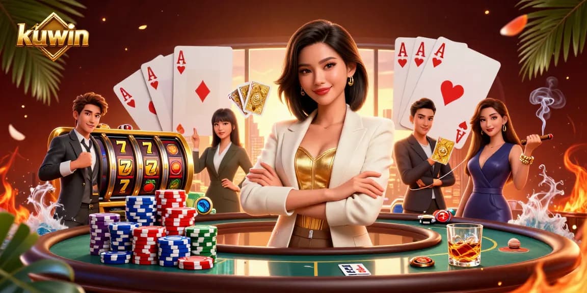 Kuwin showcases an elegant Asian woman in a casino scene, holding golden cards amidst vibrant gaming elements.