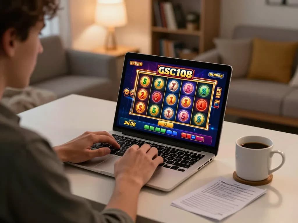 Rasakan pengalaman bermain game online yang mendebarkan dengan Gsc108 saat gulungan berwarna berputar di laptop