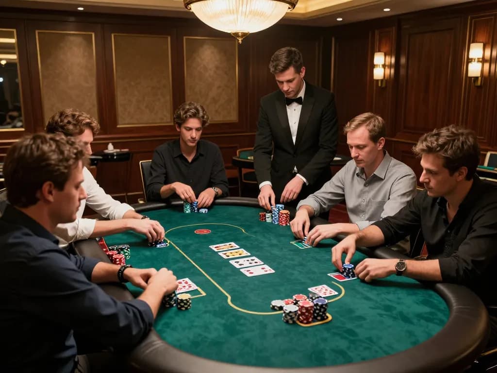 Players strategizing and betting in an O8 poker game at a luxurious casino.