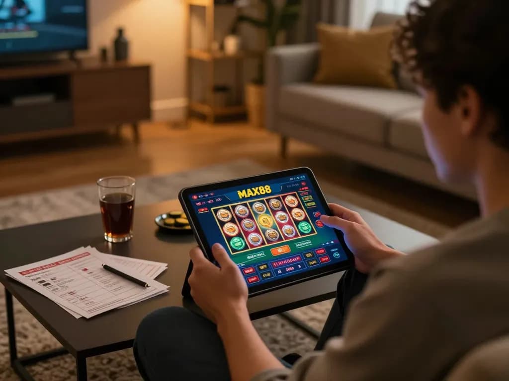 Player engaging with the MAX88 app on tablet in cozy home setting, highlighting online gambling strategy.