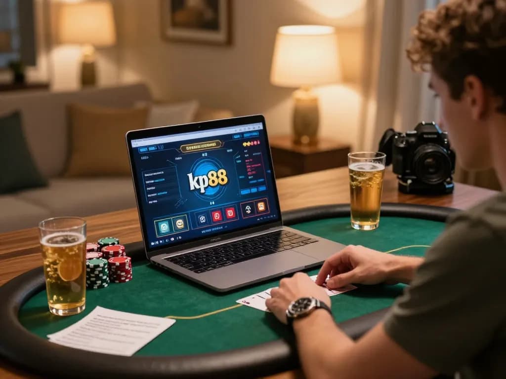 Engaging gameplay at kp88 online casino with a player focused on poker strategy in a cozy home