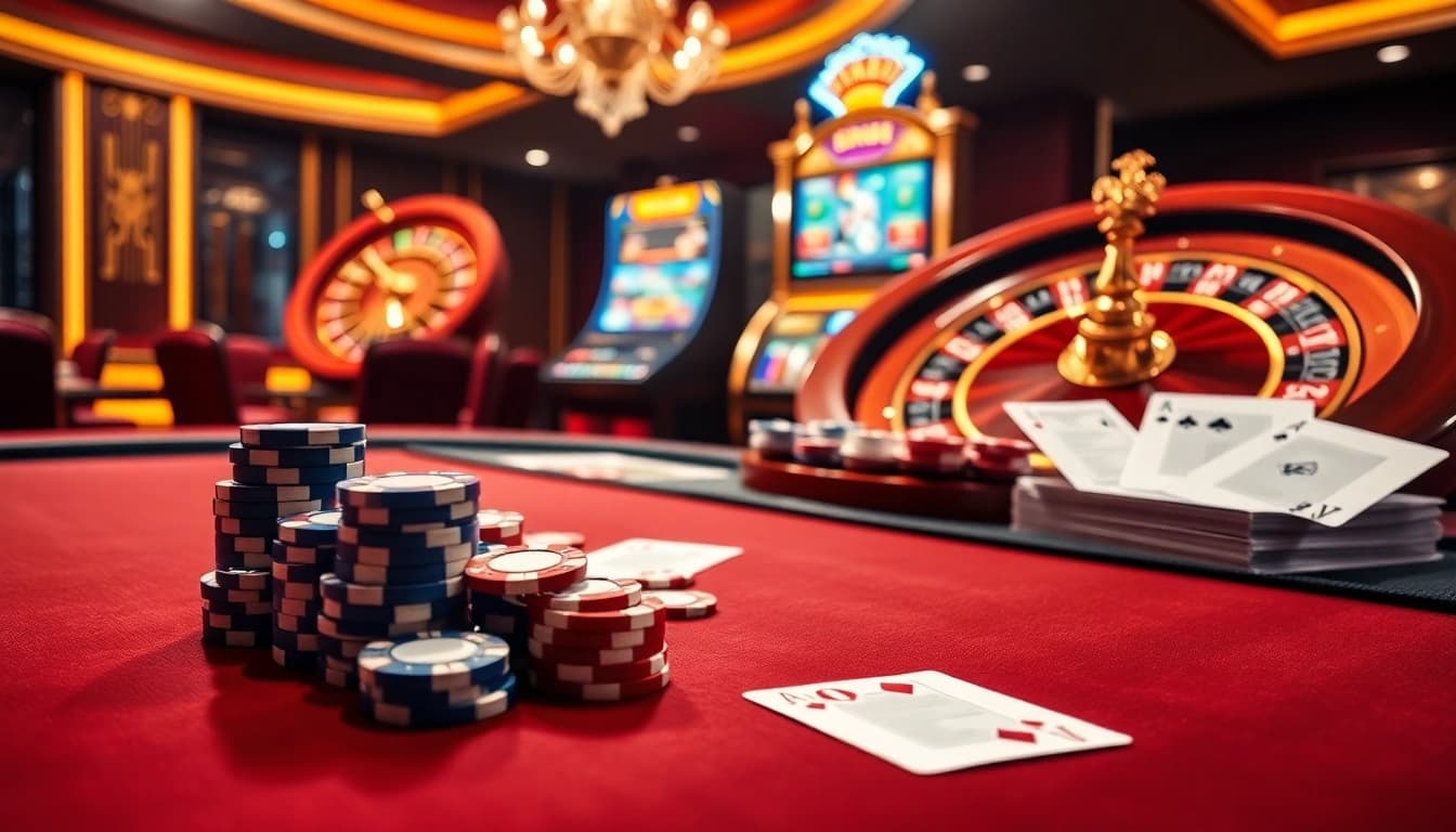 Exciting gameplay at Bin88 casino with vibrant tables, poker chips, and roulette wheel.