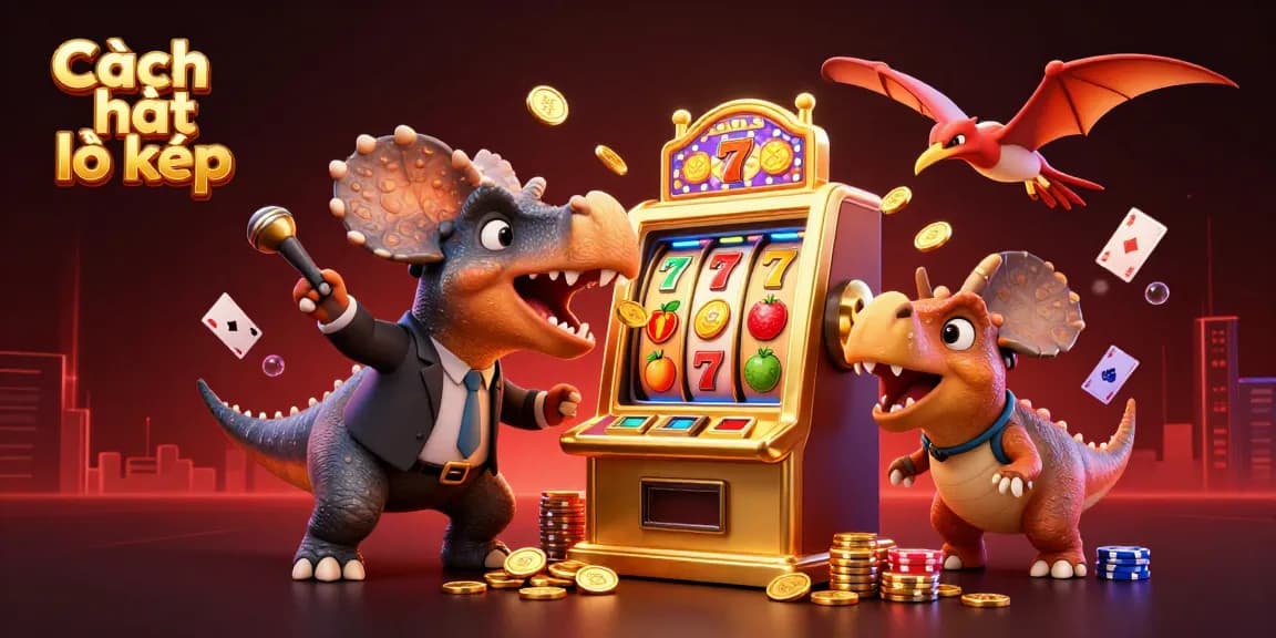 Cách bắt lô kép visualizing a cartoon dinosaur at a slot machine, with colorful casino themes and gold coins.