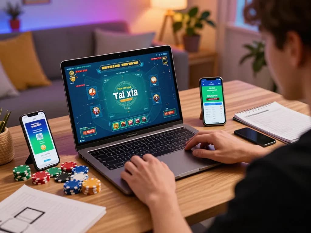 Engaging in Tài xỉu online at home with laptop and smartphone, showing vibrant gameplay.