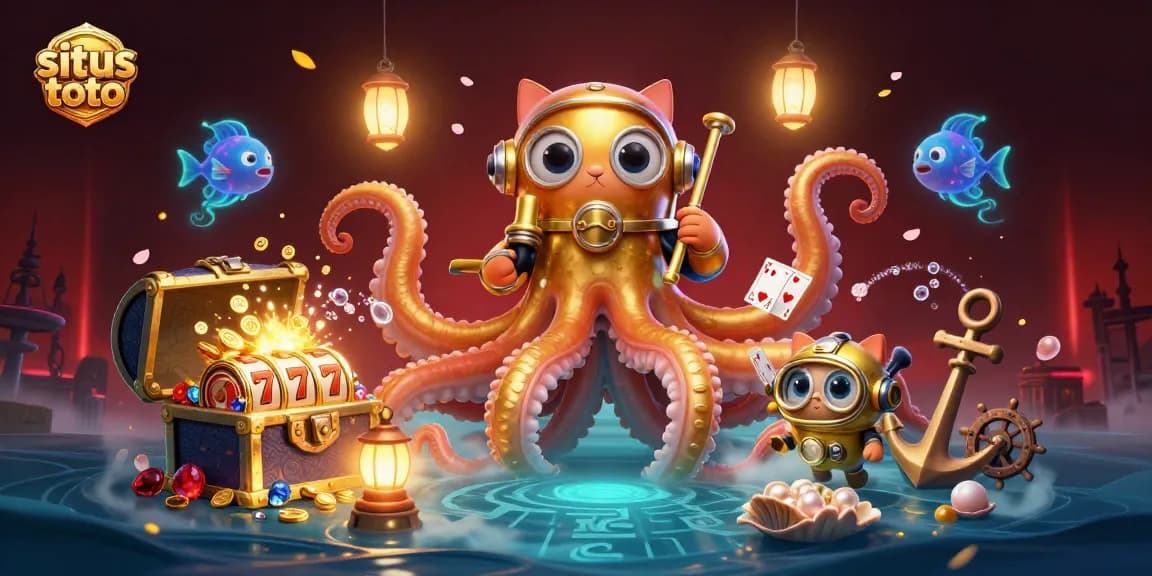 Rasakan kegembiraan situs toto dengan ilustrasi 3D yang menawan menampilkan seekor kraken dan kucing yang menyelam.
