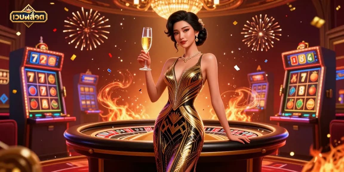 Engage with เว็บสล็อต featuring a glamorous casino scene of an elegant woman holding a champagne glass amid vibrant game elements.