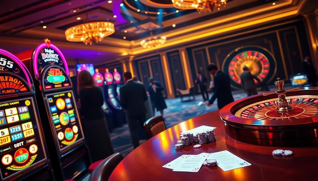 Para pemain menikmati pengalaman mesin slot yang mendebarkan di lingkungan kasino yang mewah.