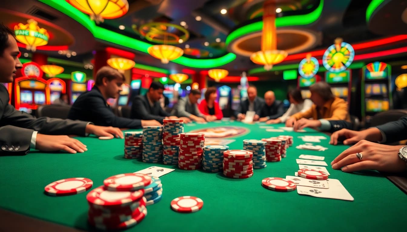 Permainan dewabet yang menarik di meja kasino dengan pemain dan tumpukan chip.