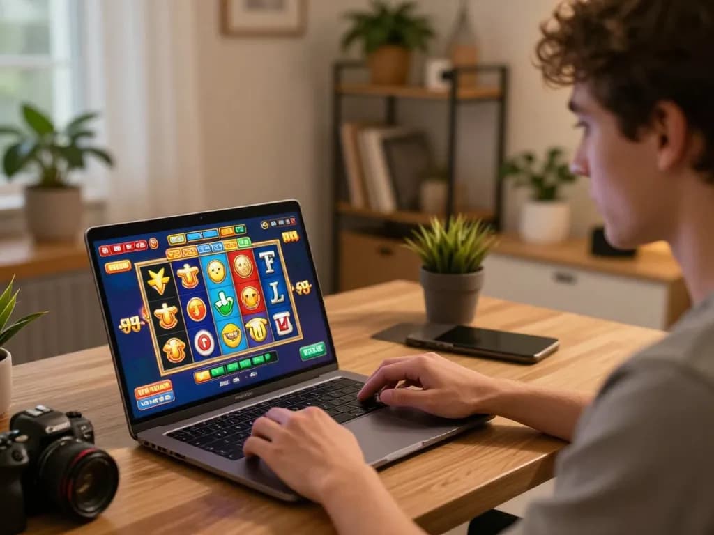 Kdslots player focused on exciting online slot game at home gaming setup.