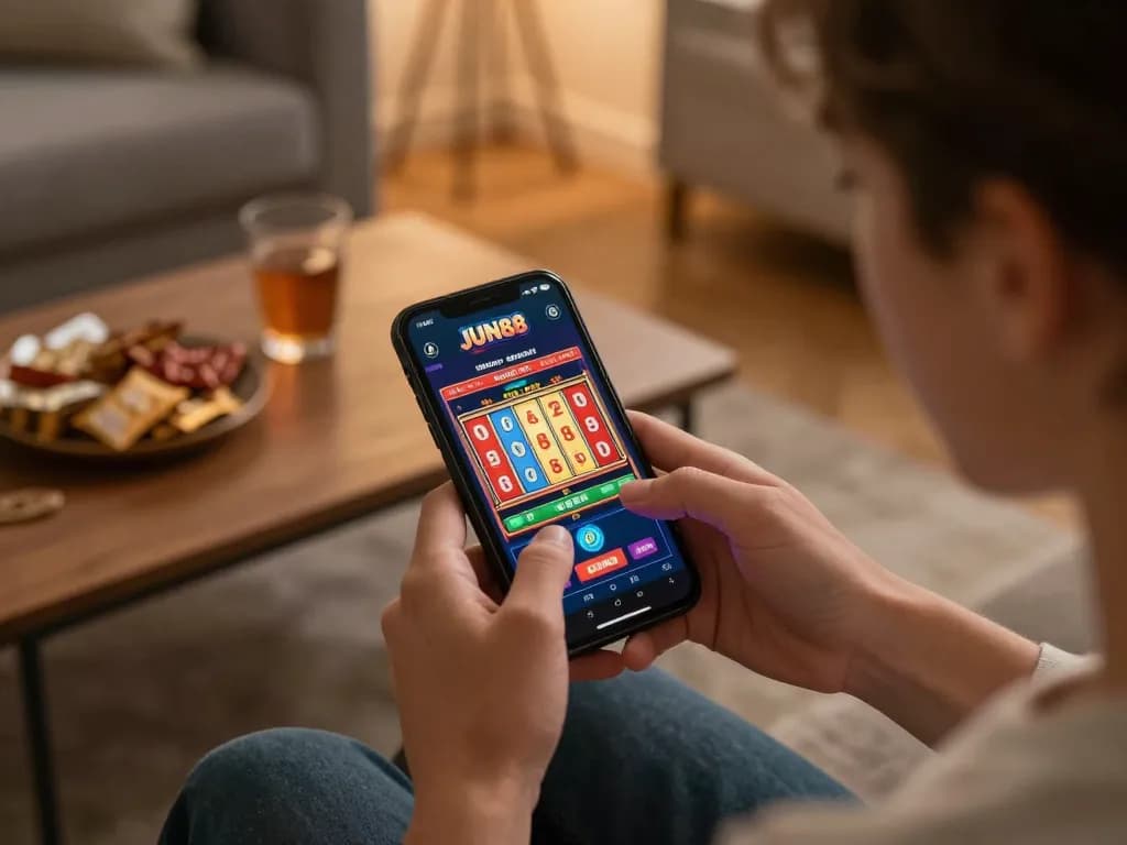 Player spinning slots on the JUN88 app in a cozy home atmosphere, emphasizing responsible gaming.