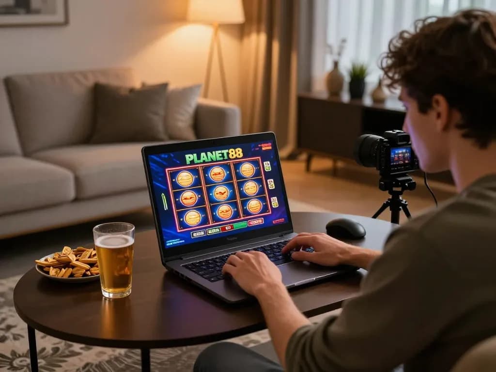 Player enjoying online gaming on PLANET88 with vibrant slots displayed on laptop in a cozy setting