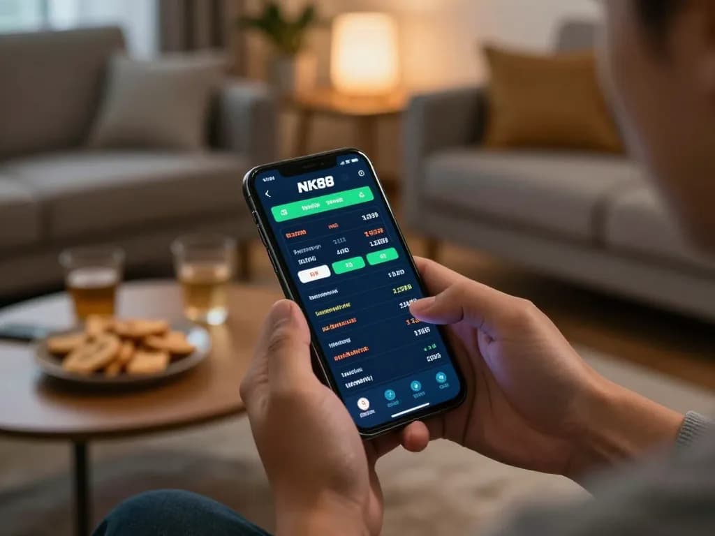Engaging with NK88 betting app on mobile device amidst cozy home setup