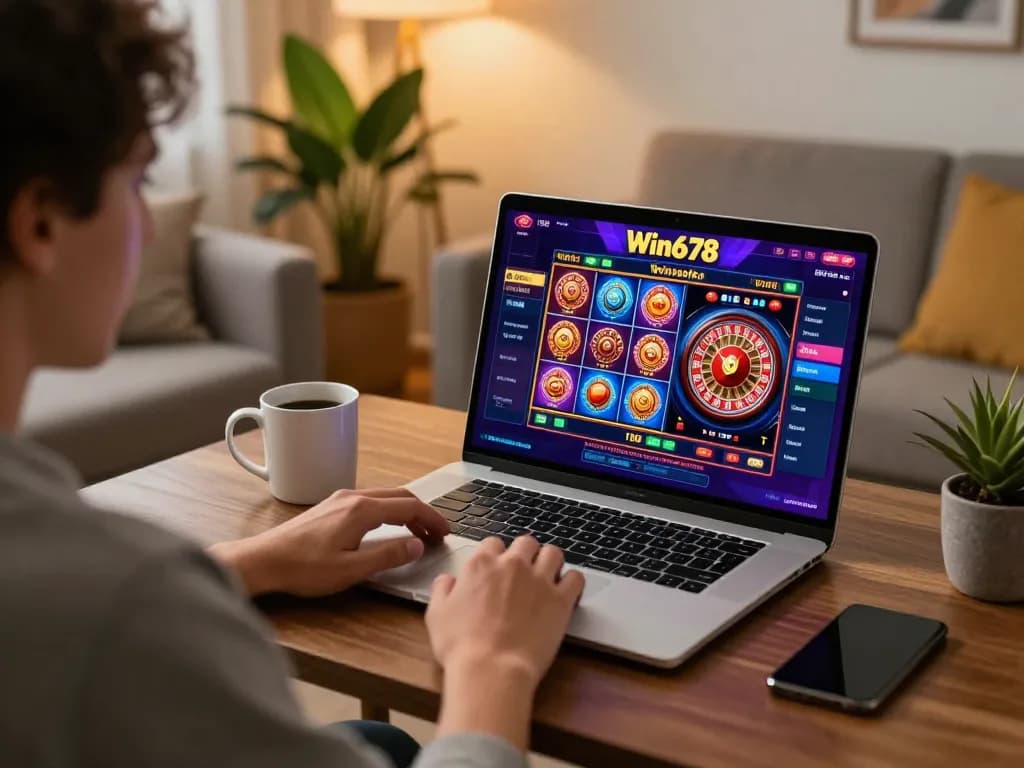 Player engaging with the Win678 online casino interface while enjoying a cozy home environment for gaming.