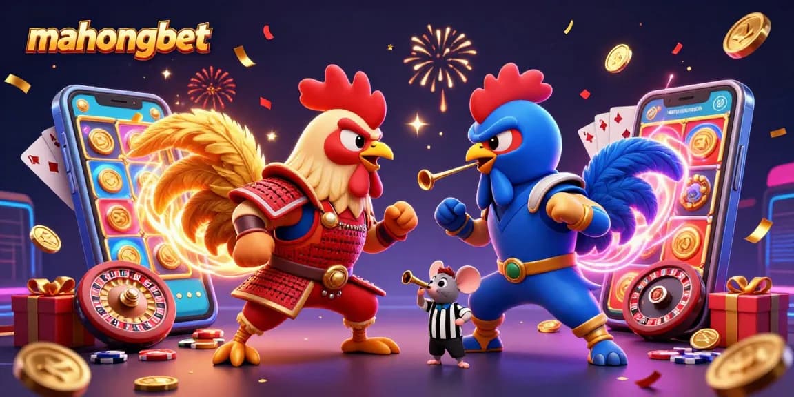 Join the excitement with mahongbet as roosters battle amidst dazzling casino elements and rewards.