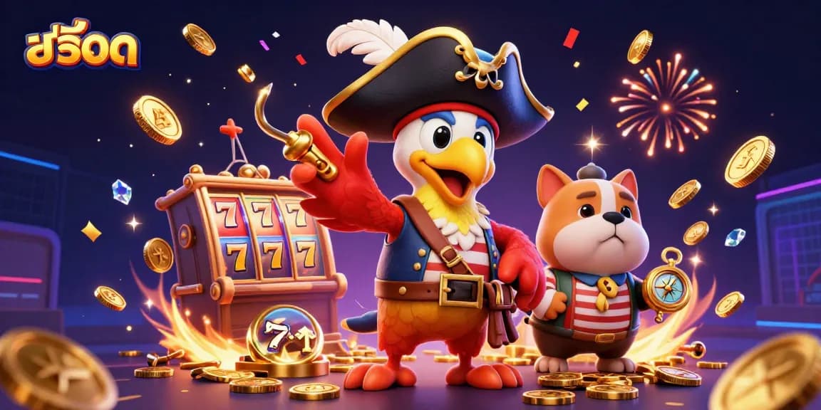 Engage in สล็อต excitement with a pirate captain, bulldog, and navigator amid golden coins.