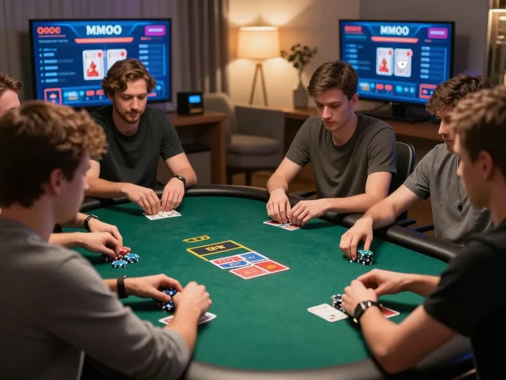 Players strategizing at MMOO online poker table, showcasing competitive spirit and modern gaming setup.