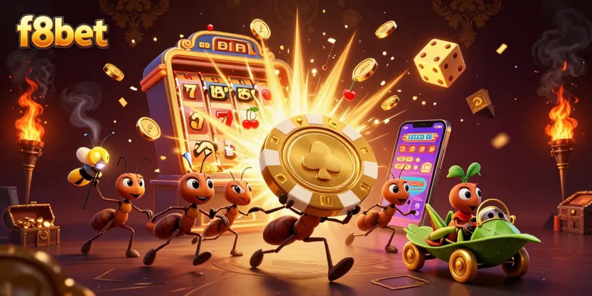 Experience thrilling gameplay with f8bet as ants carry a massive poker chip in a 3D heist scene.