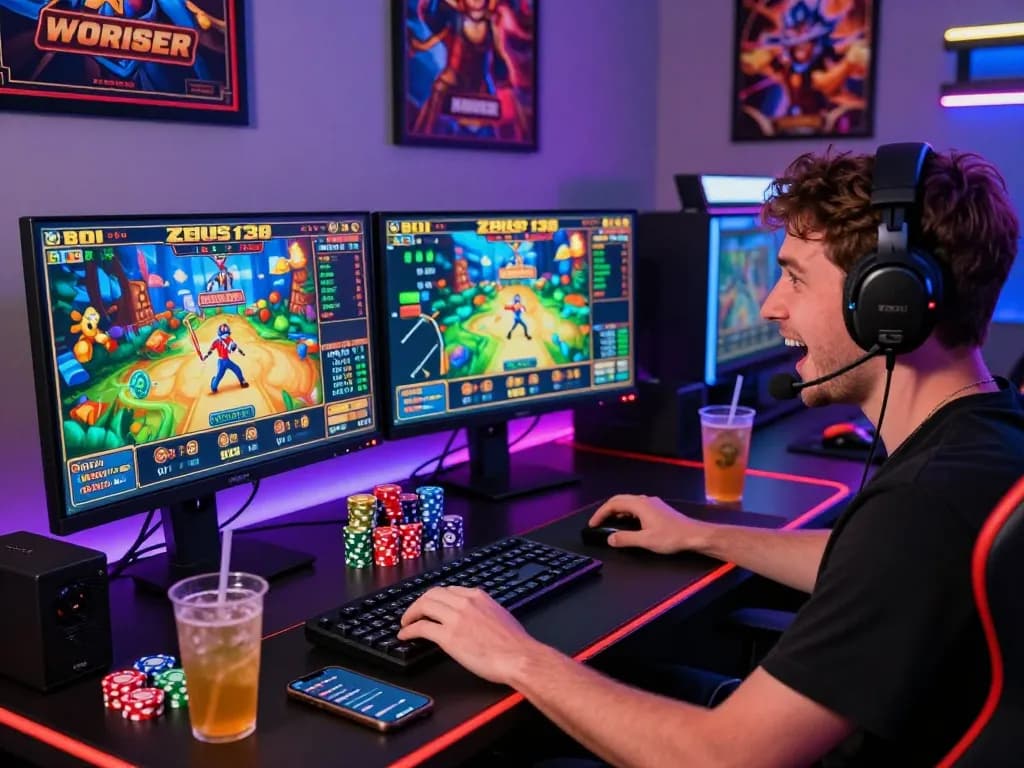 Enthusiast playing Zeus138 slot games in a vibrant gaming room with dual monitors and neon-lit atmosphere.