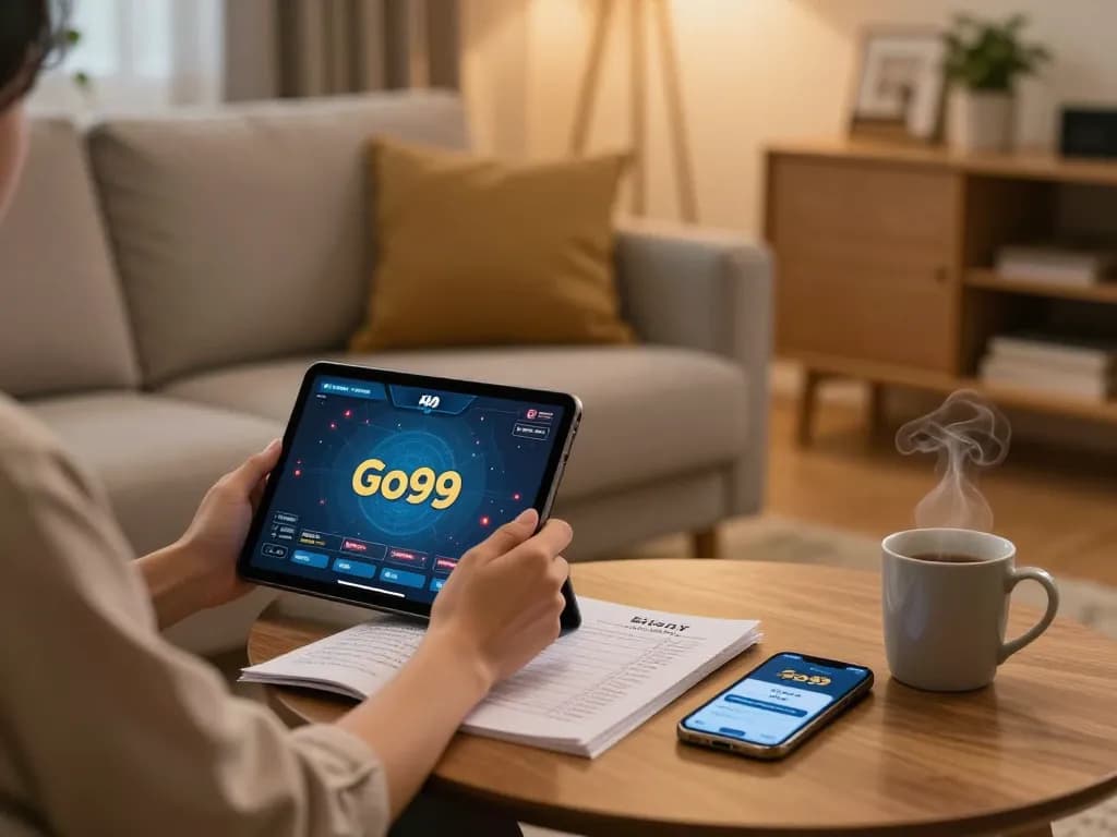 Engaging with Go99 online casino platform on tablet at home, highlighting strategic gaming