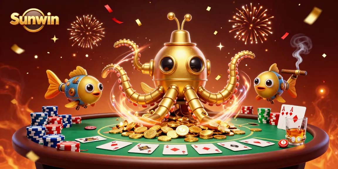 Experience thrilling wins at Sunwin with an exciting 3D casino scene featuring vibrant poker games and golden treasures.