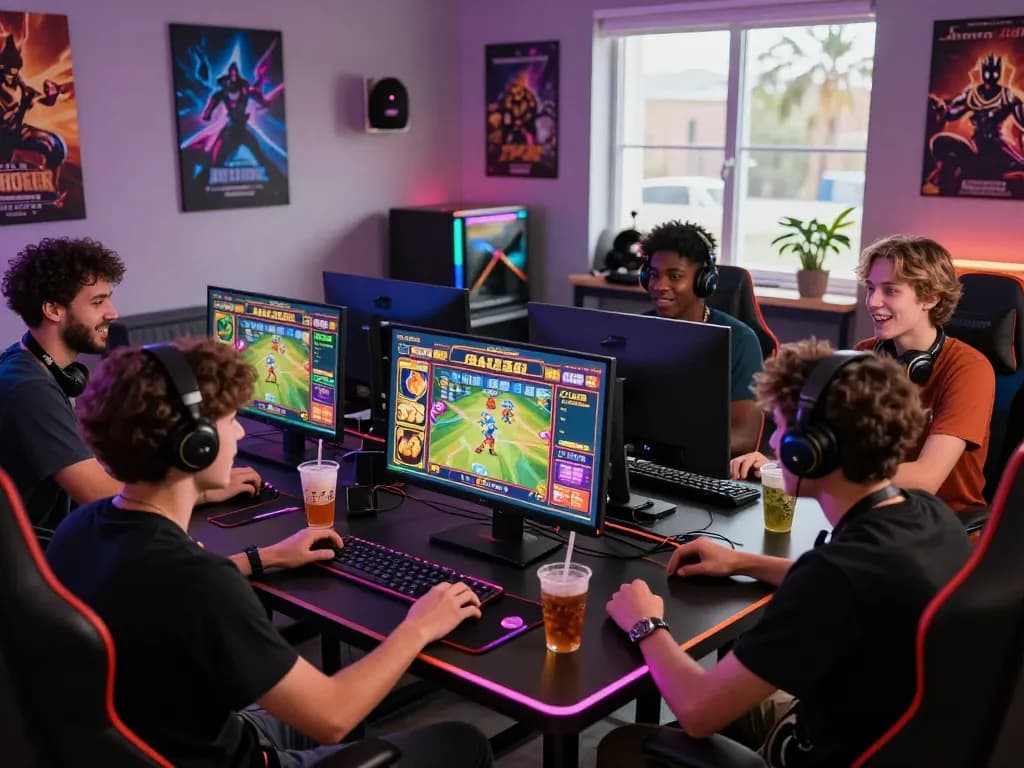 Engaging digital gaming scene on Barcaslot, showcasing friends enjoying an exciting slot game in a vibrant setting.