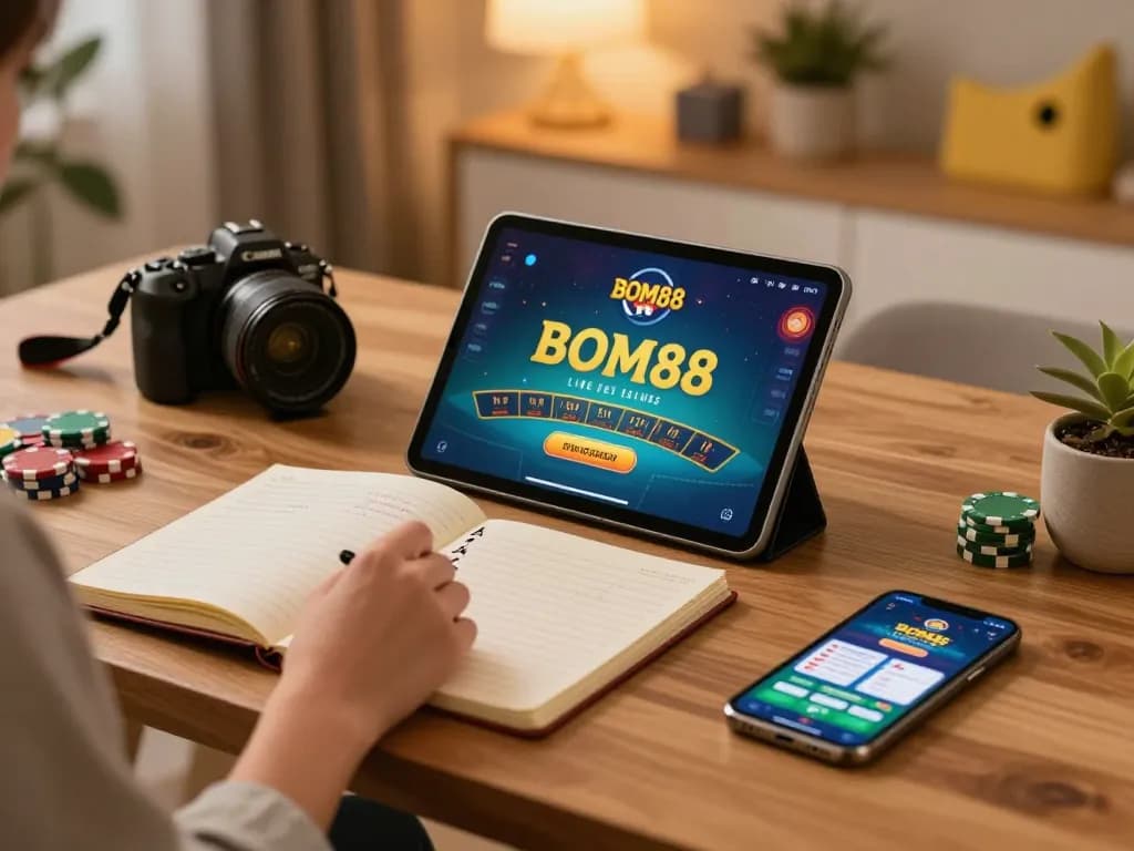 BOM88 player enjoying a thrilling online blackjack session on a tablet with strategic notes nearby.