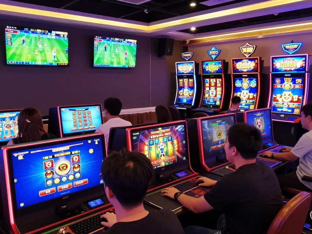 Players enjoying dynamic gaming activities at https://xx88jp.com/, engaging with live dealer games and colorful slot machines in a vibrant casino atmosphere.